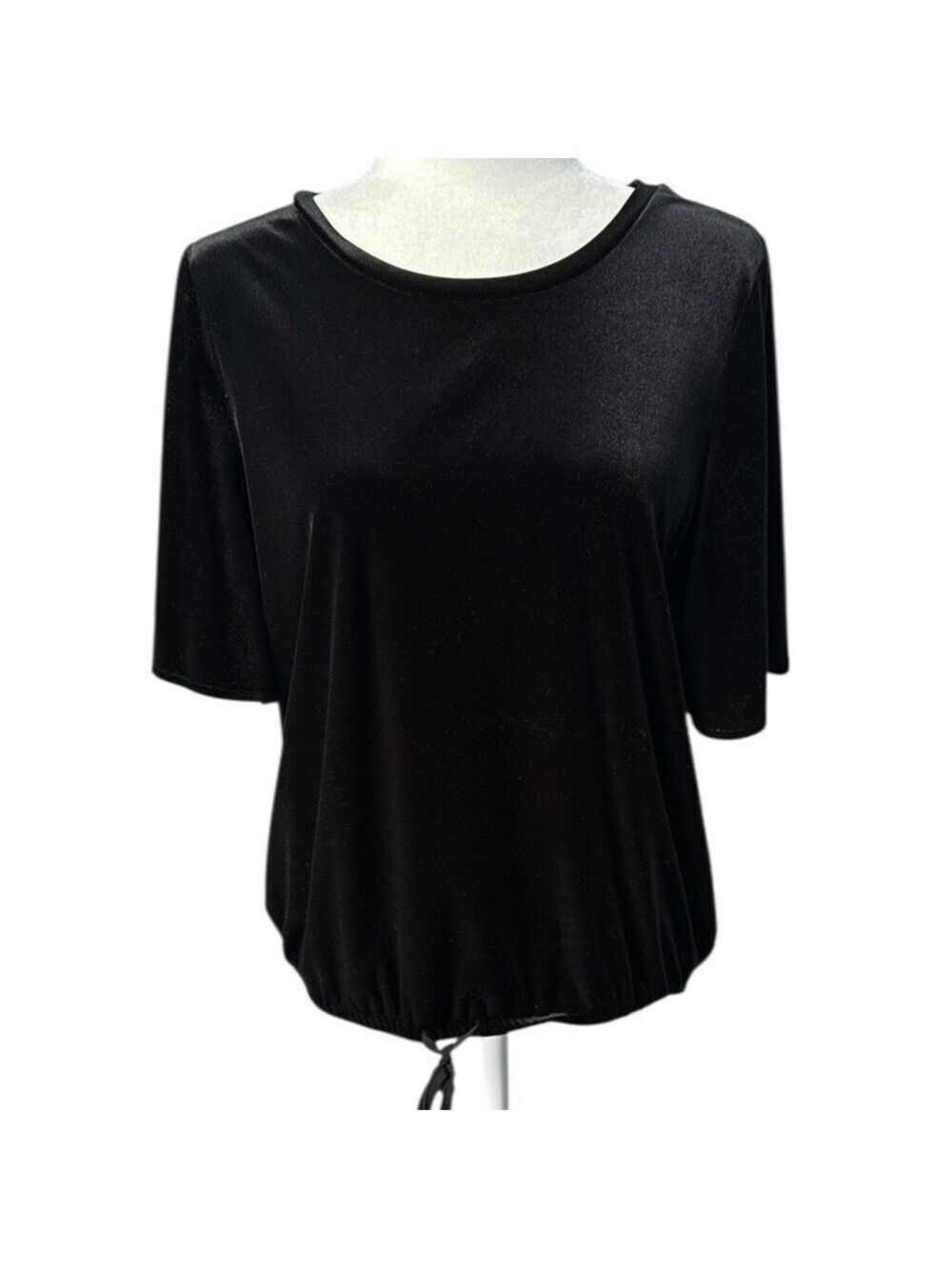 Loft Black Velour Velvet Bubble Hem Short Sleeve Pullover Top Sz Sm fits Med